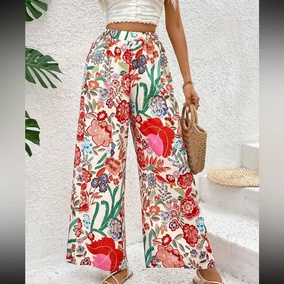 Red Multicolor pocketed high rise floral Wide bohemian boho Long Pants - Picture 1 of 6